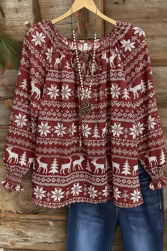 Nordic Reindeer Snowflake Print Gathered Cuff Peasant Top