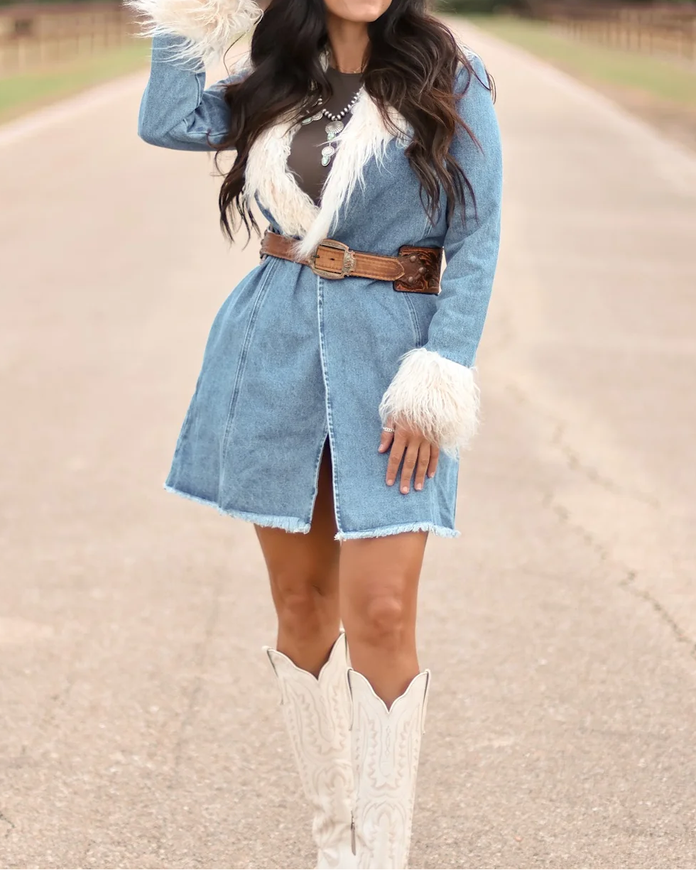 Light Blue Denim Faux Fur Trim Long Sleeve Mini Dress - Front View with Hat