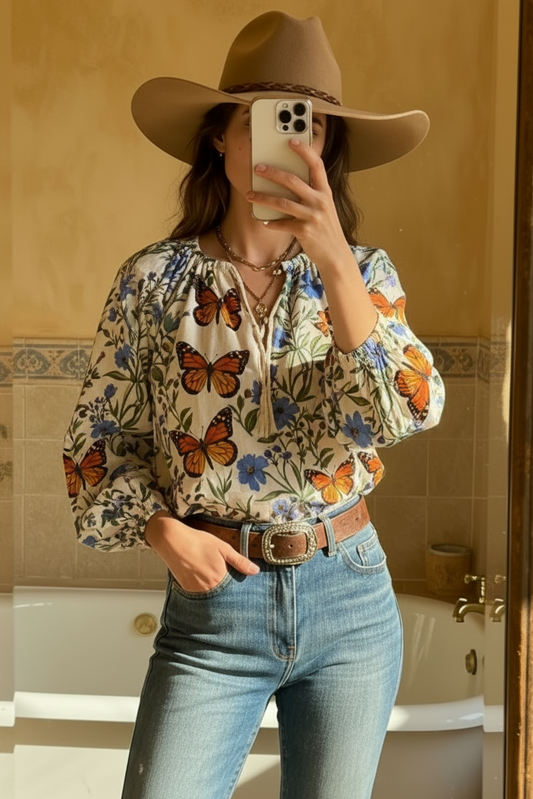 Butterfly Wildflower Print Lantern Sleeve Boho Blouse