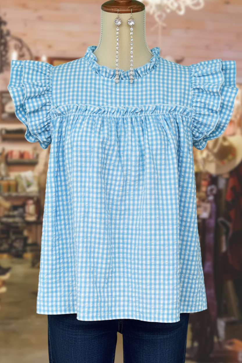 Sky Blue & White Gingham Ruffle Babydoll Top