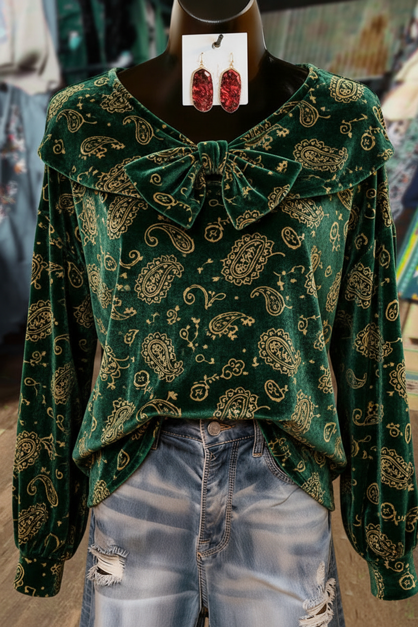 Green Velvet Paisley Print Bow Detailed Long Sleeve Top