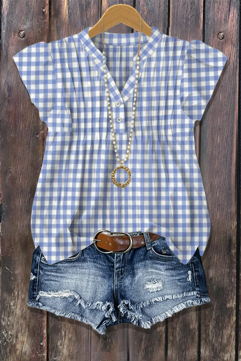 Blue Gingham Check Flutter Sleeve Blouse