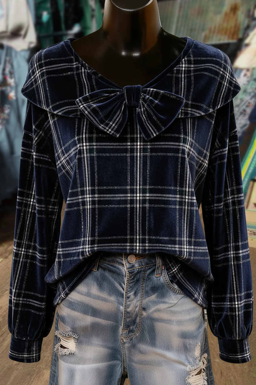 Navy Blue Silver Plaid Bow Detailed Long Sleeve Velvet Top