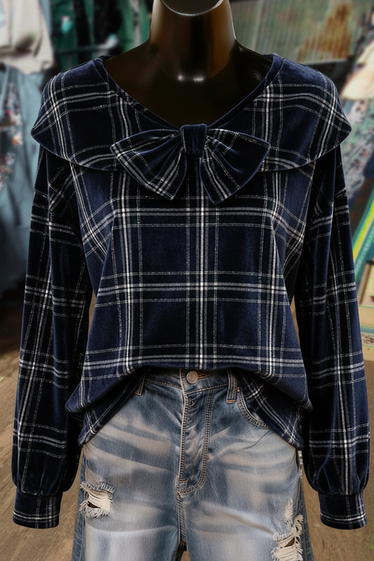 Navy Blue Silver Plaid Bow Detailed Long Sleeve Velvet Top