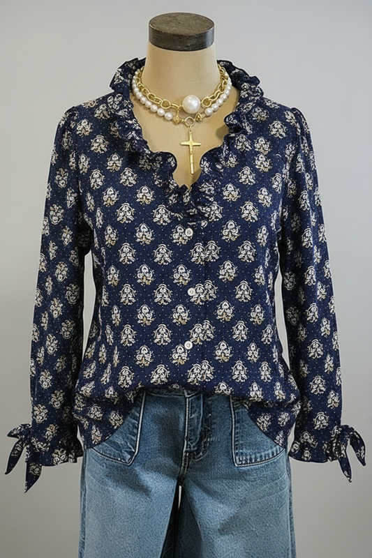 Bohemian ruffle blouse with tie cuffs