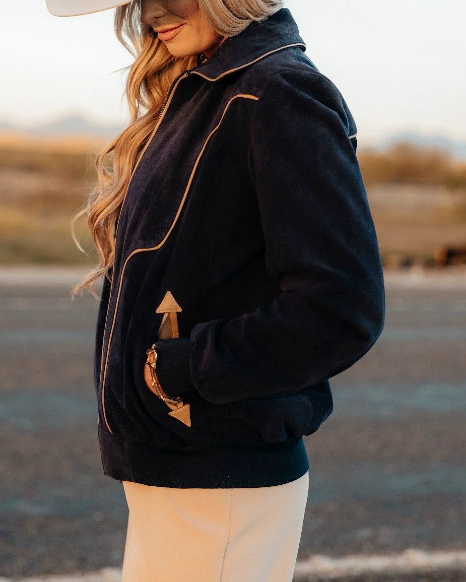 Black Gold Piping Horseshoe Embroidery Zip-Up Western Bomber Jacket - Side View Arrow Pocket Detail