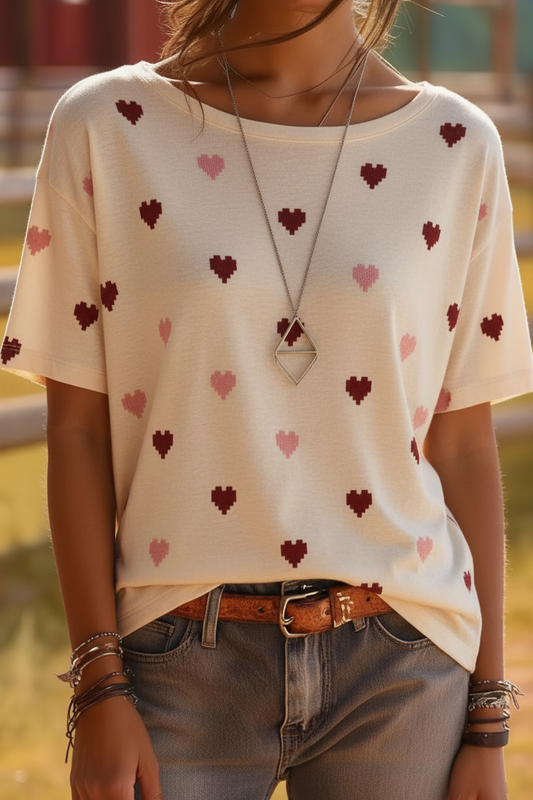 Cream pixel heart print t-shirt with burgundy and pink 8-bit hearts