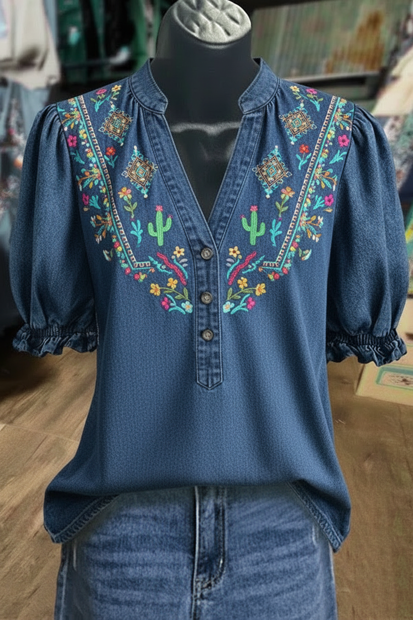 Southwestern Geometric Print V-Neck Puff Sleeve Denim Top