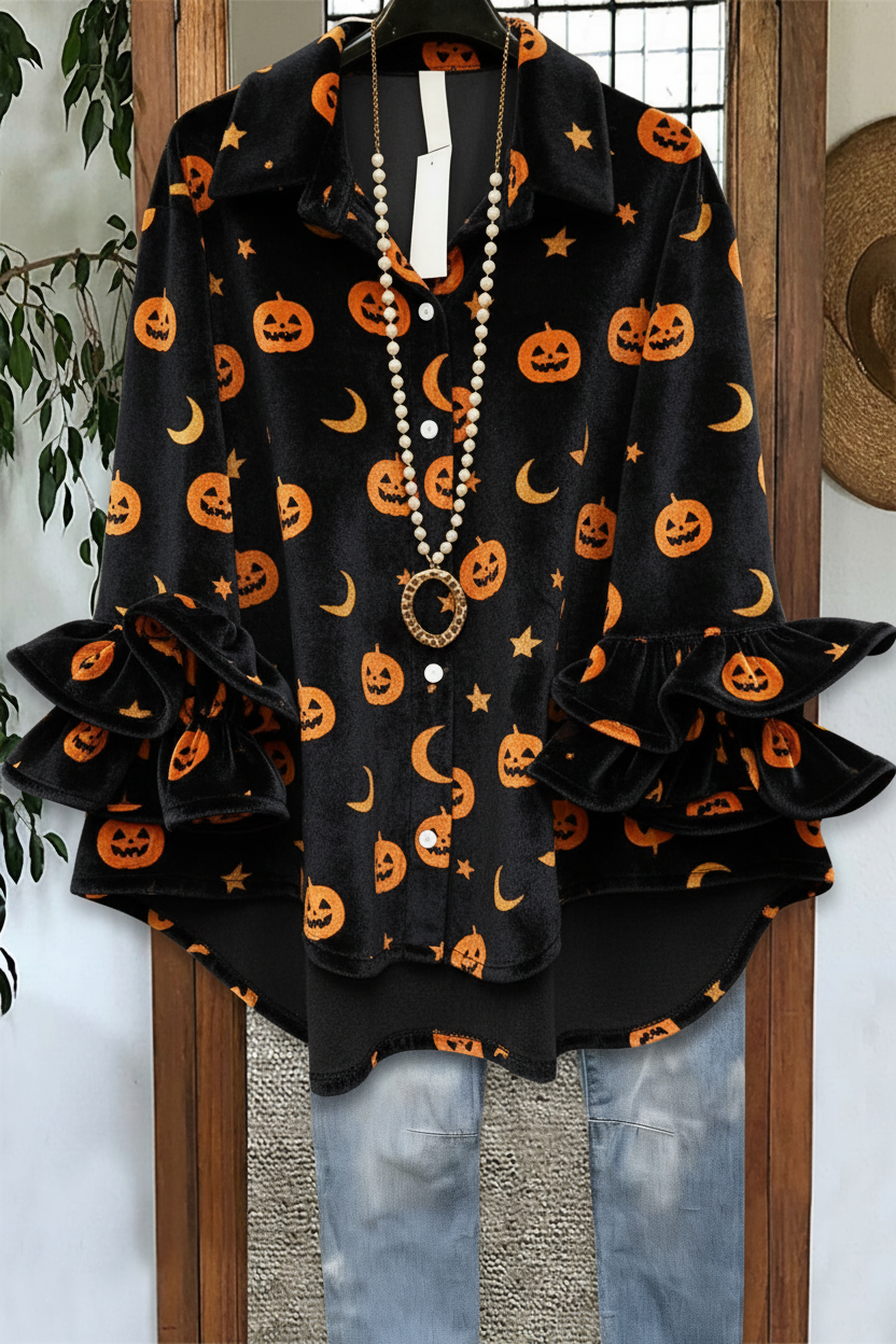 Halloween Pumpkin Bat Print Double Ruffle Cuff Velvet Blouse in Black