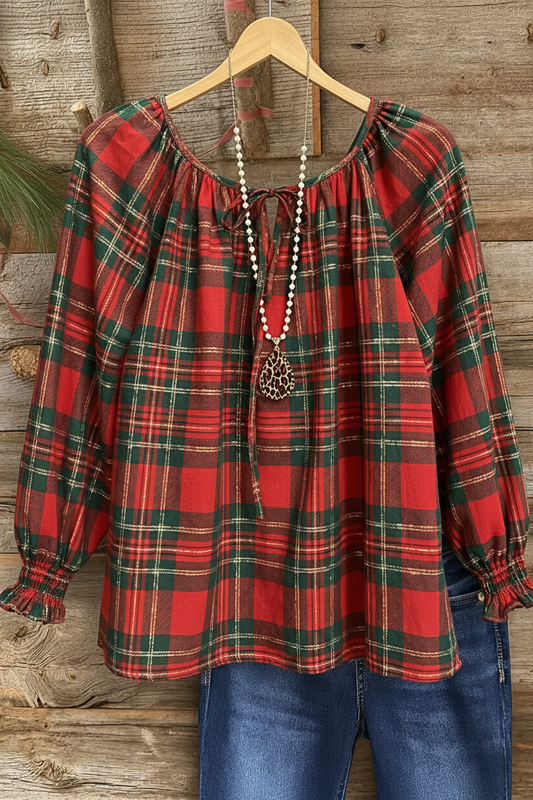 Christmas Plaid Gathered Cuff Peasant Top