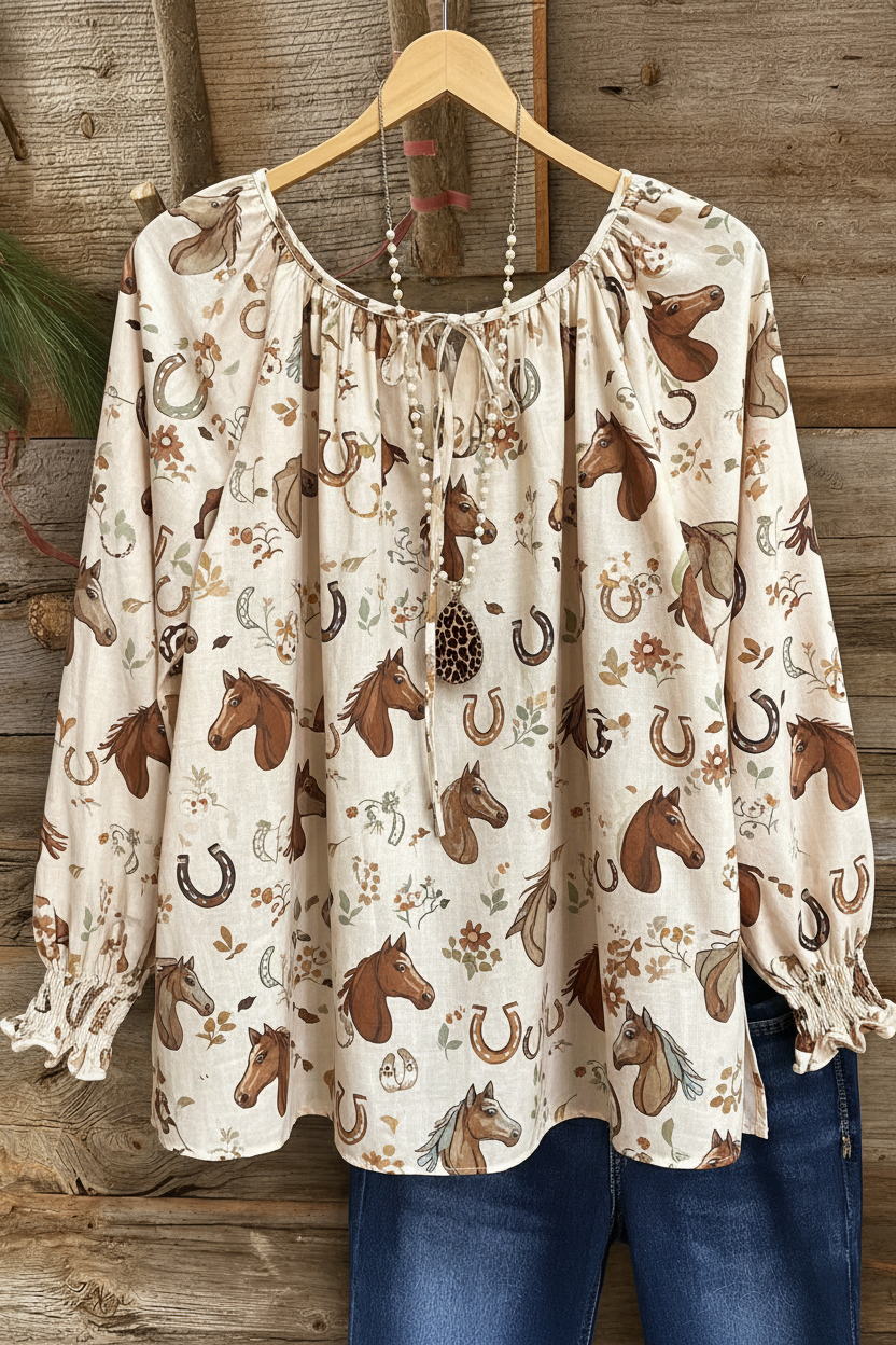 Horse & Horseshoe Print Gathered Cuff Peasant Top