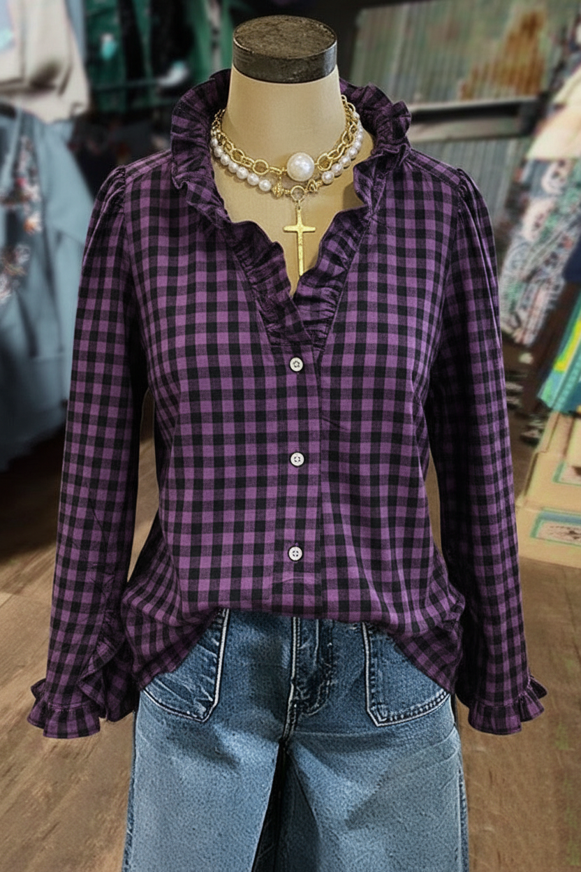 Halloween Black Purple Gingham Ruffle V-Neck Long Sleeve Blouse