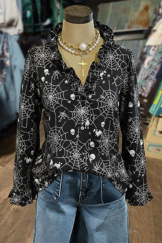 Gothic Spider Web Skull Print Ruffle V-Neck Long Sleeve Blouse