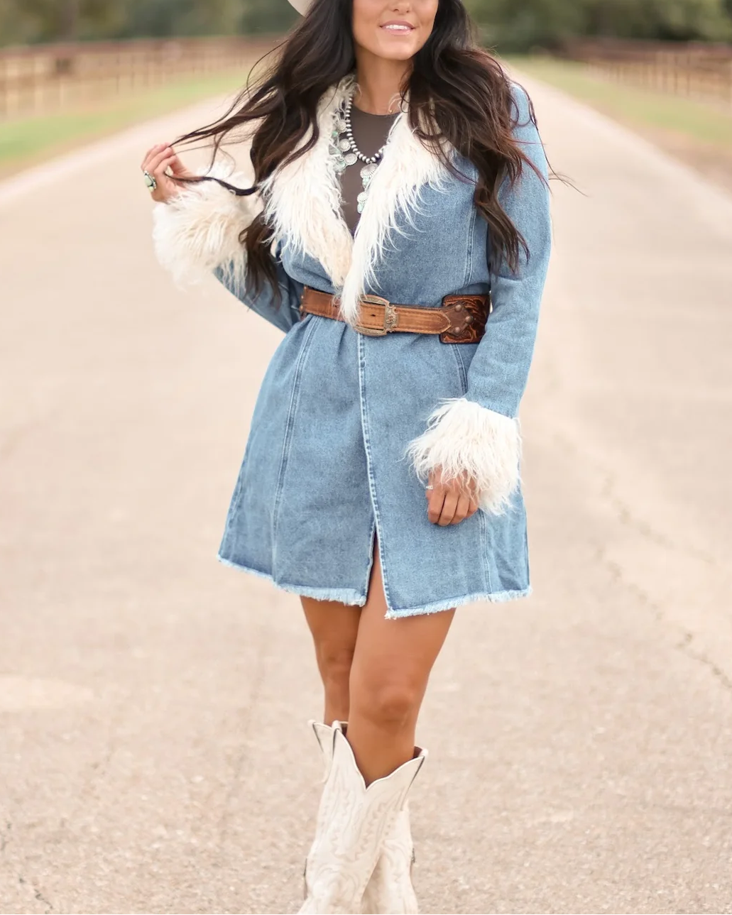Light Blue Denim Faux Fur Trim Long Sleeve Mini Dress - Lifestyle Pose