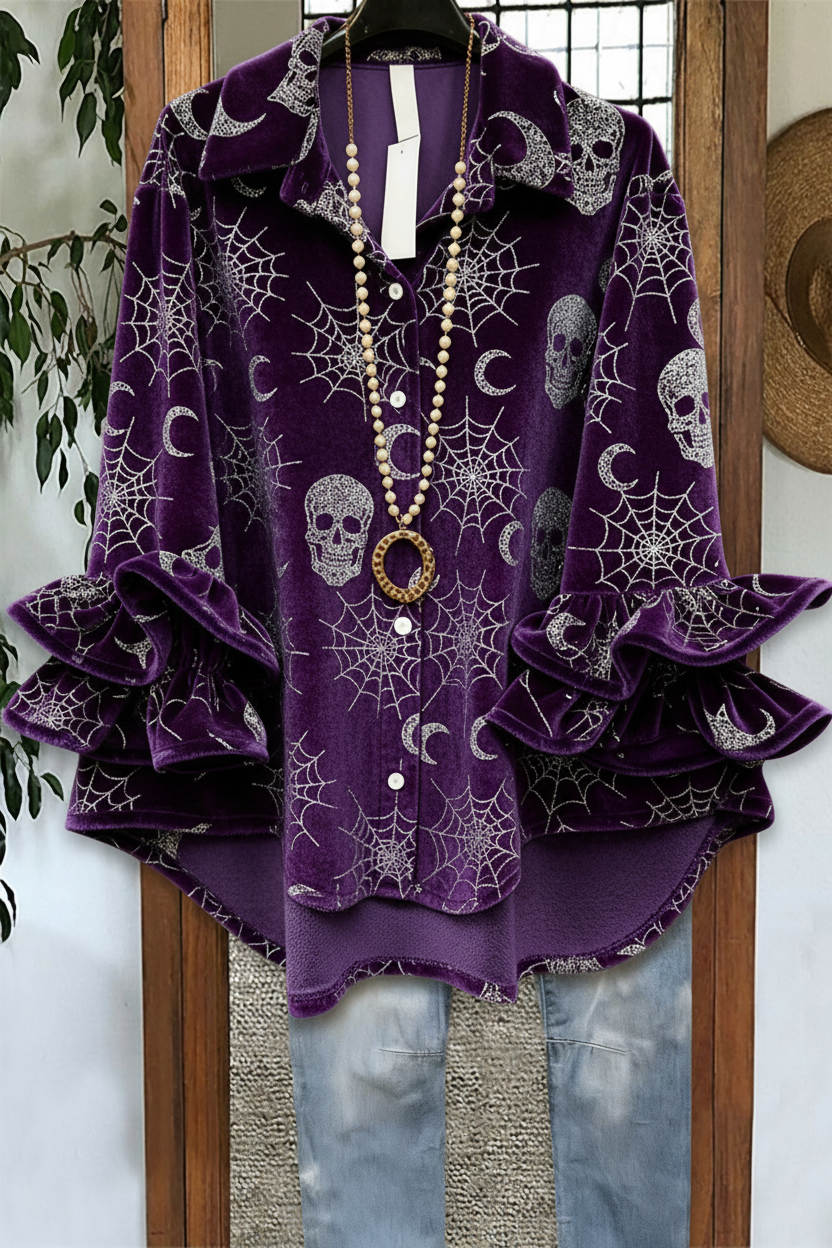 Gothic Spider Web Skull Print Double Ruffle Cuff Velvet Blouse in Deep Purple