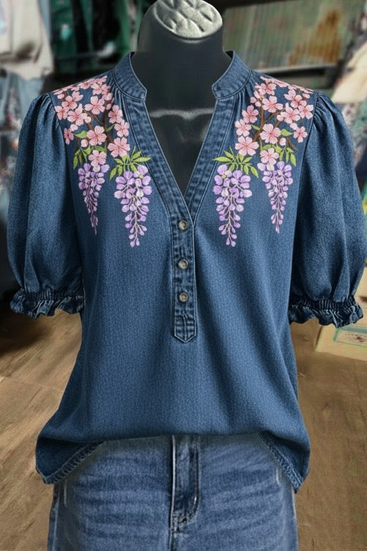 Wisteria & Cherry Blossom Print V-Neck Puff Sleeve Denim Top