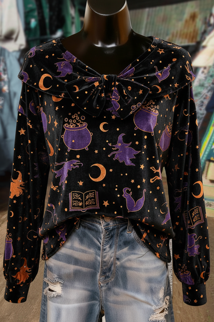 Black Velvet Witch Halloween Print Bow Detailed Long Sleeve Top