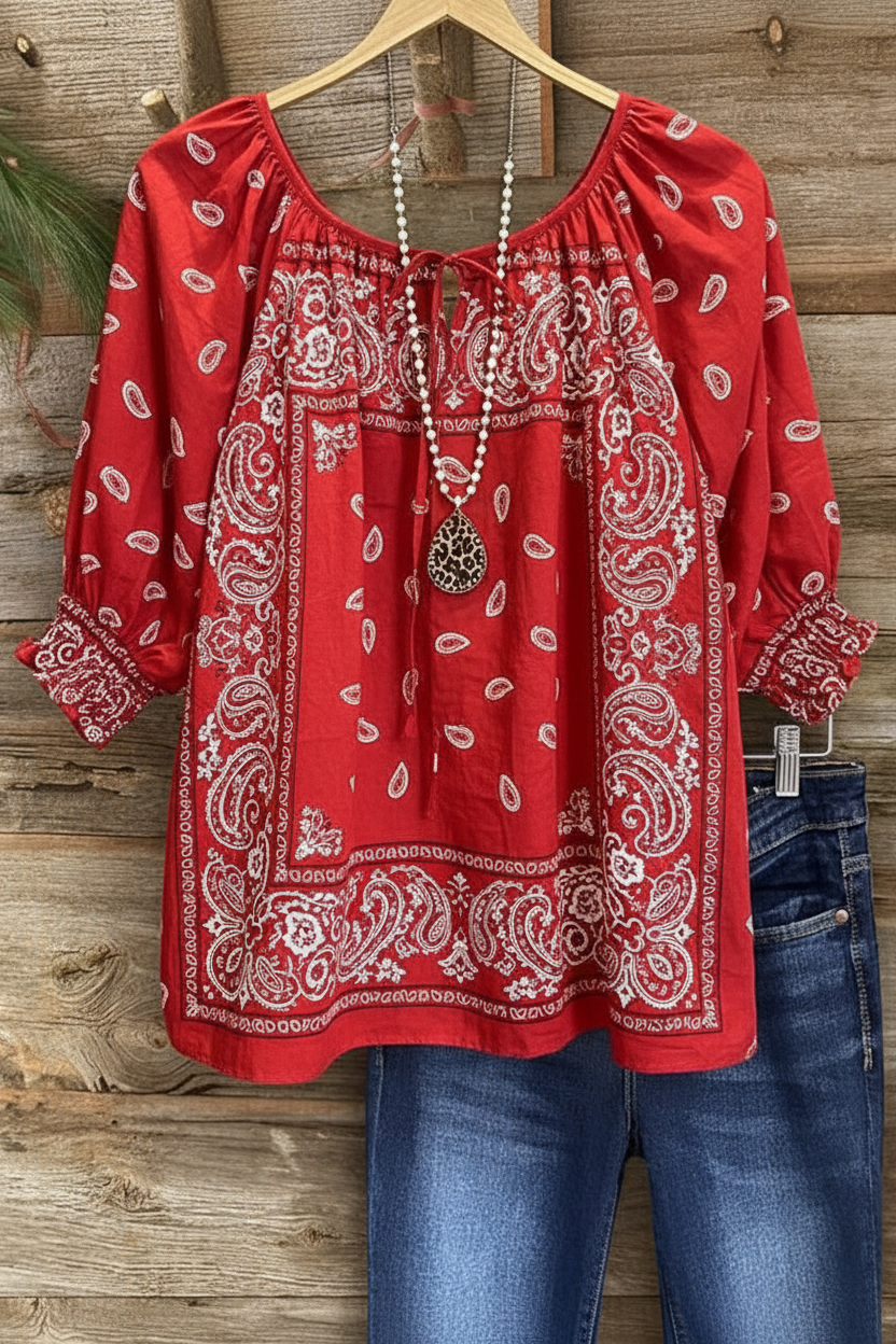 Bandana Paisley Print Gathered Neckline Puff Sleeve Top