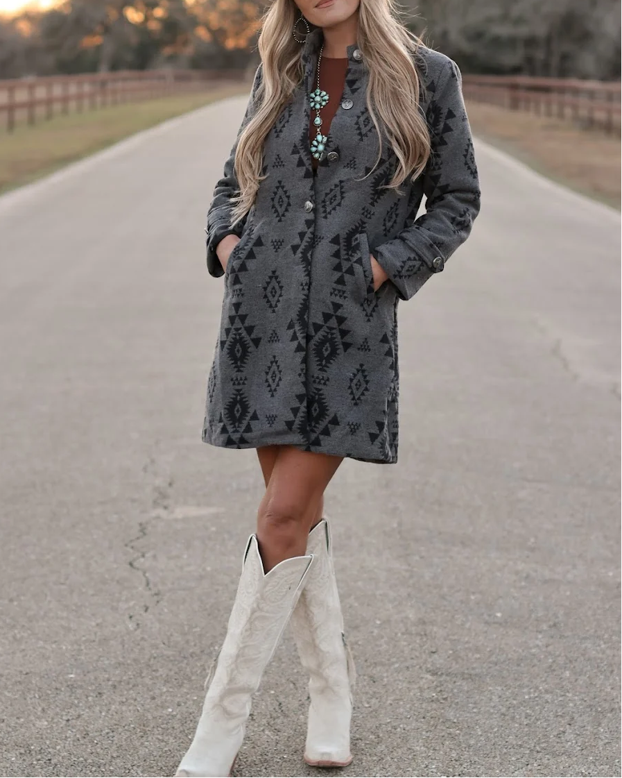 Charcoal Aztec Print Long Sleeve Button Front Mini Dress - Hands in Pockets Pose