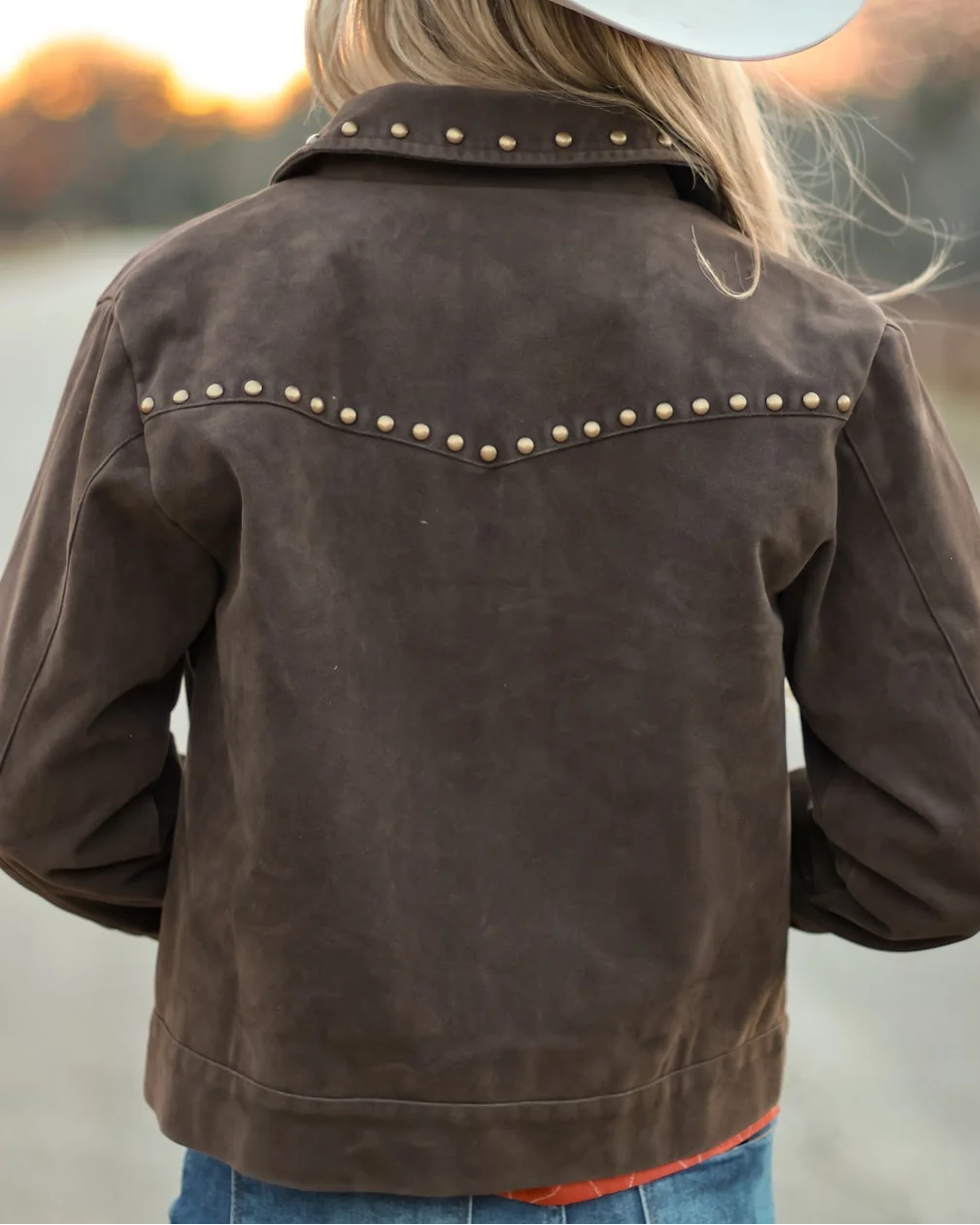 Dark Brown Suede Silver Stud Western Zip-Up Bomber Jacket - Back Stud Yoke View