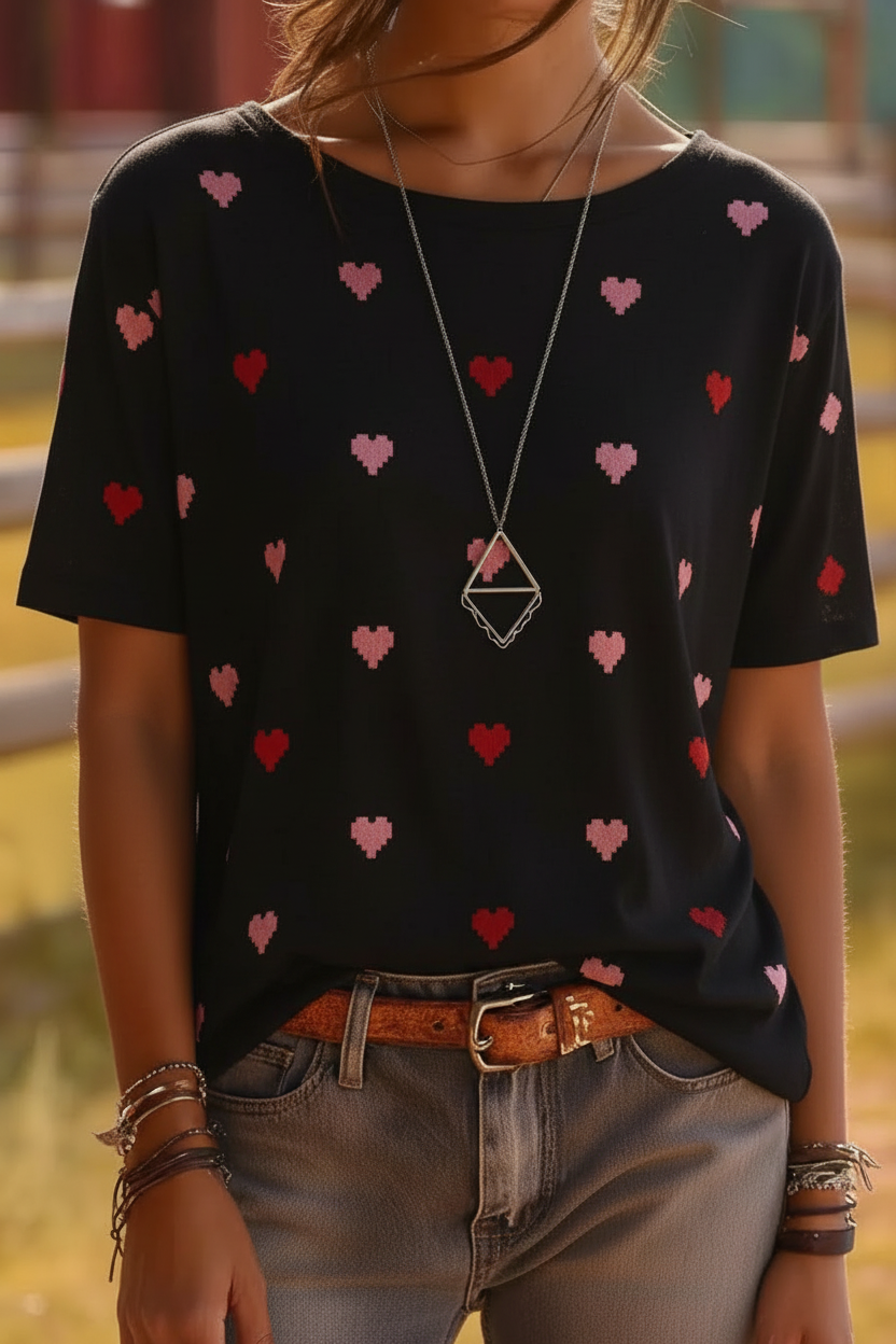 Black pixel heart print t-shirt with red and pink 8-bit hearts