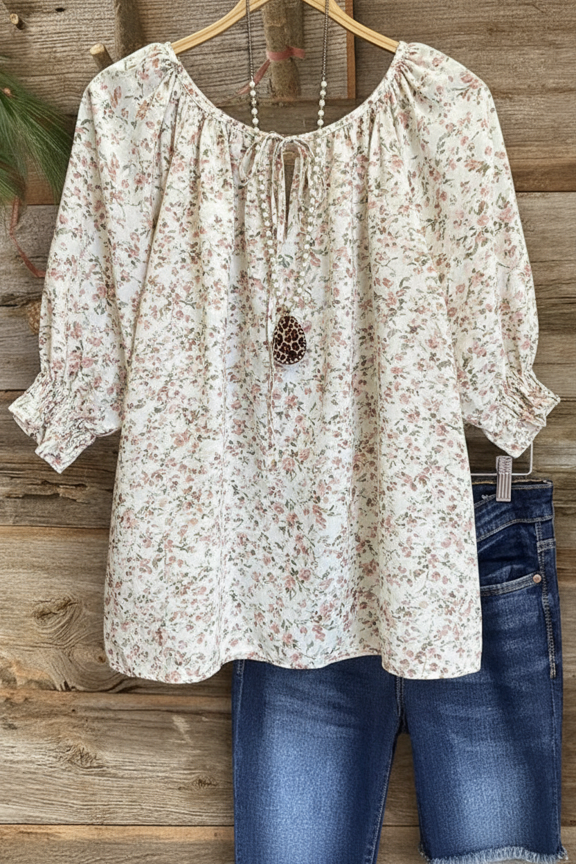 Floral Print Gathered Neckline Puff Sleeve Top