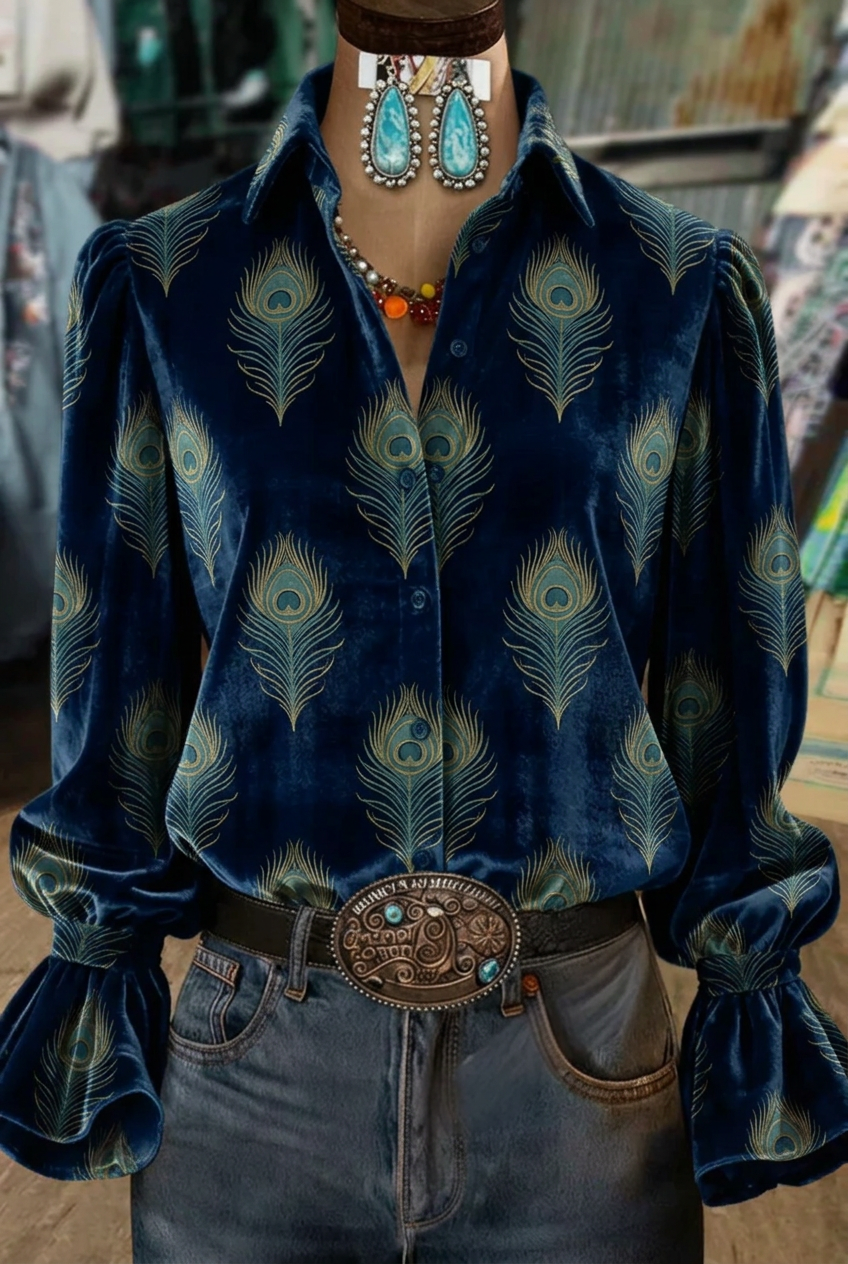 Navy peacock feather print velvet puff sleeve blouse with flared cuffs