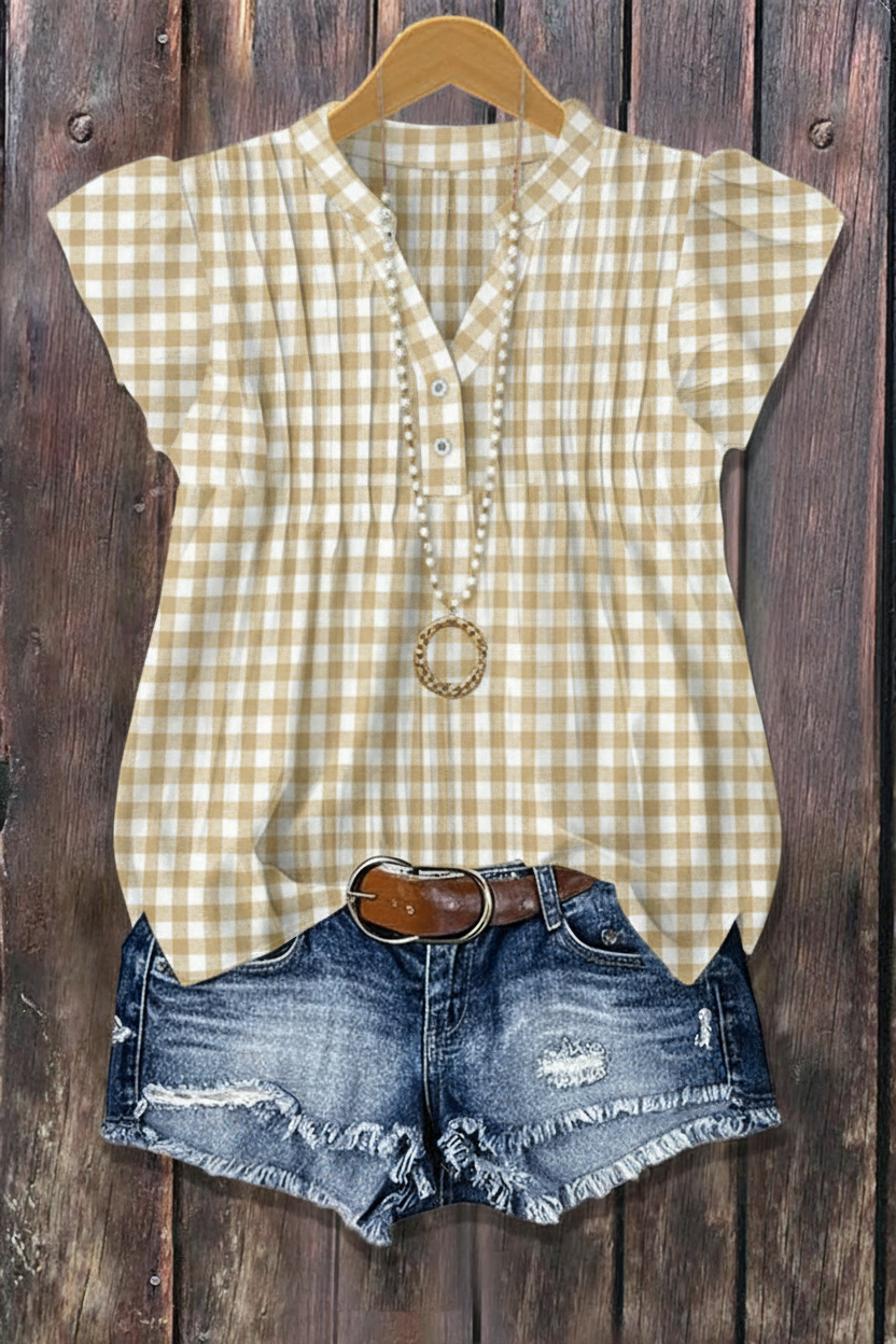 Khaki Gingham Check Flutter Sleeve Blouse