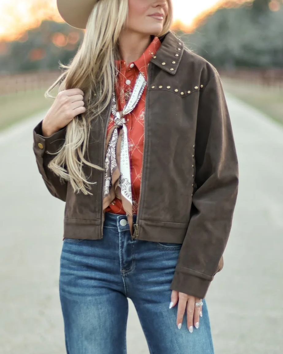 Dark Brown Suede Silver Stud Western Zip-Up Bomber Jacket - Front View