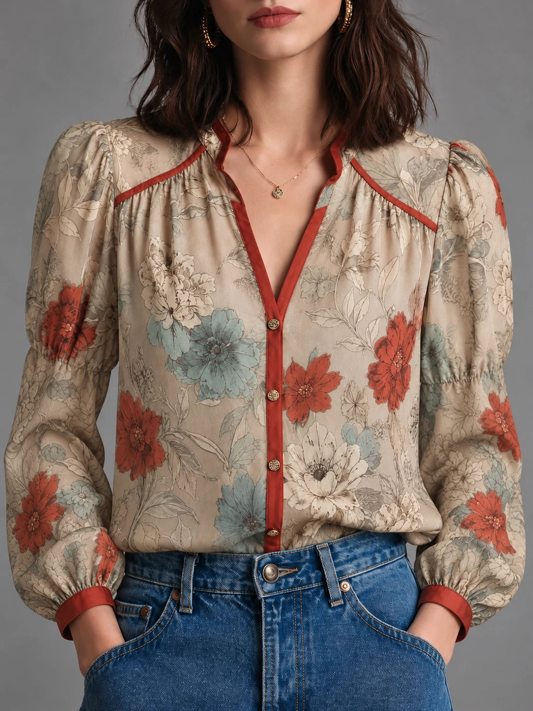 Beige floral blouse with rust-red contrast trim, front view