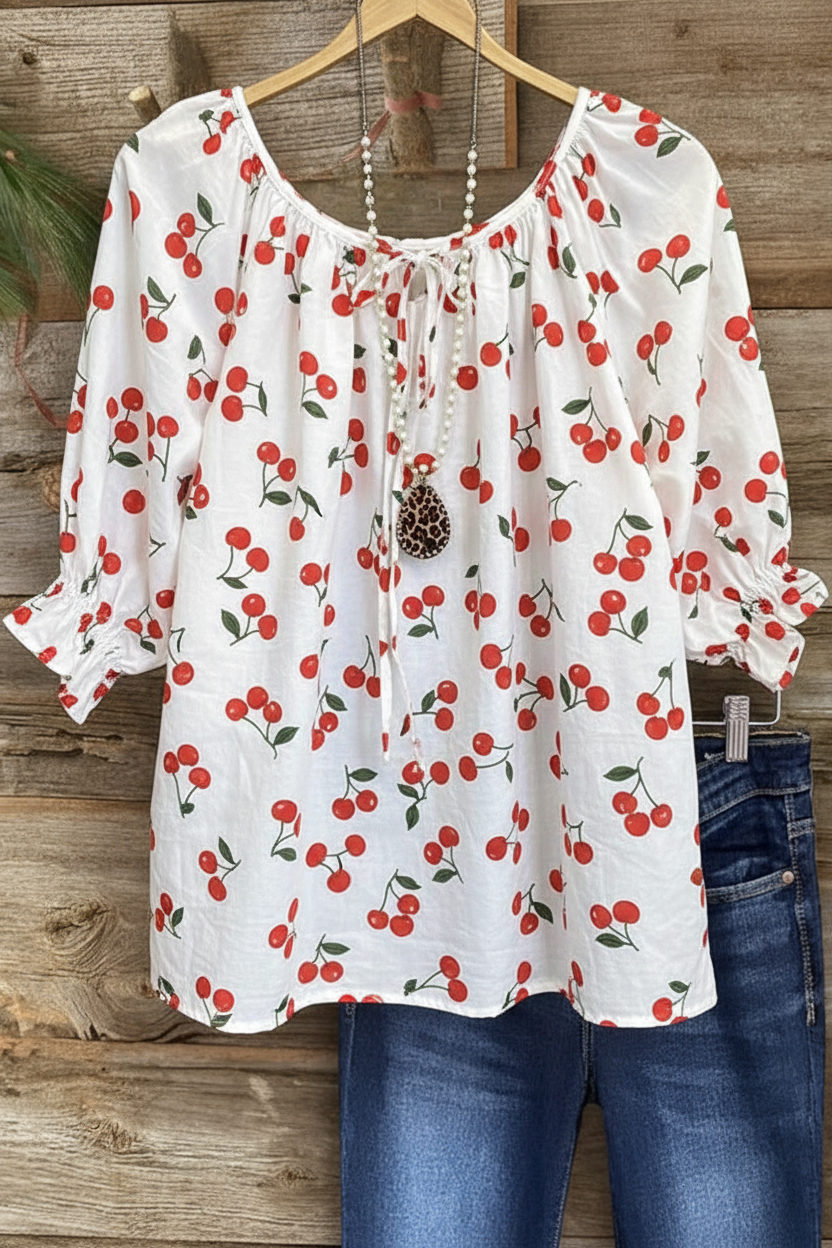 Vintage Cherry Print Gathered Neckline Puff Sleeve Top