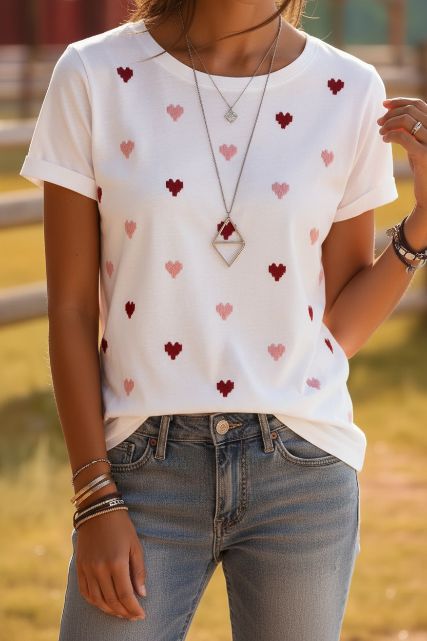 White pixel heart print t-shirt with burgundy and pink 8-bit hearts
