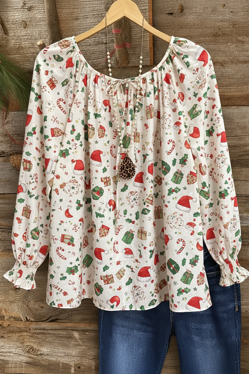 Christmas Icons Print Gathered Cuff Peasant Top