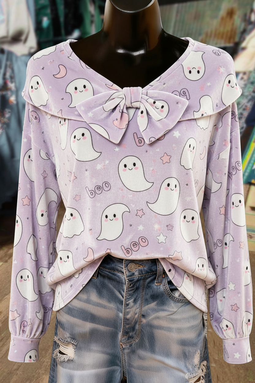Lavender Kawaii Ghost Print Bow Detailed Long Sleeve Velvet Top