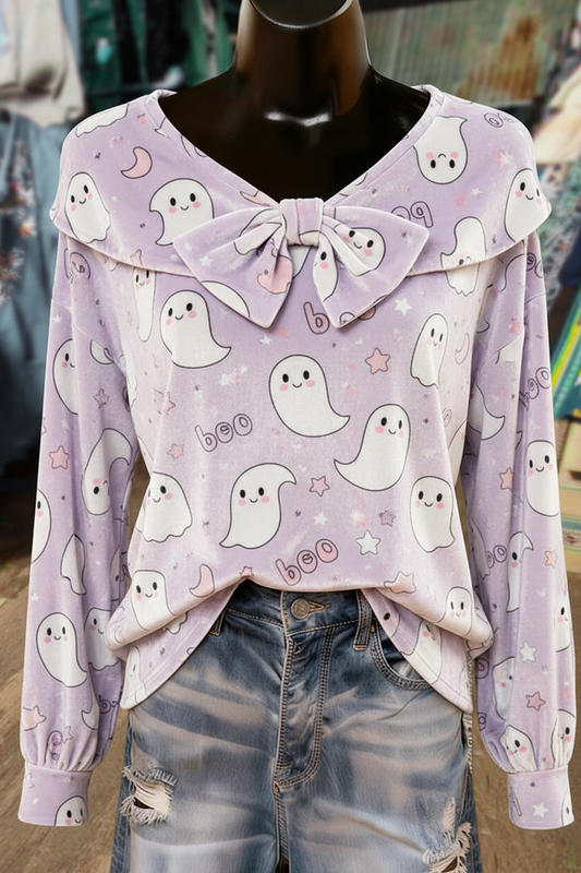 Lavender Kawaii Ghost Print Bow Detailed Long Sleeve Velvet Top