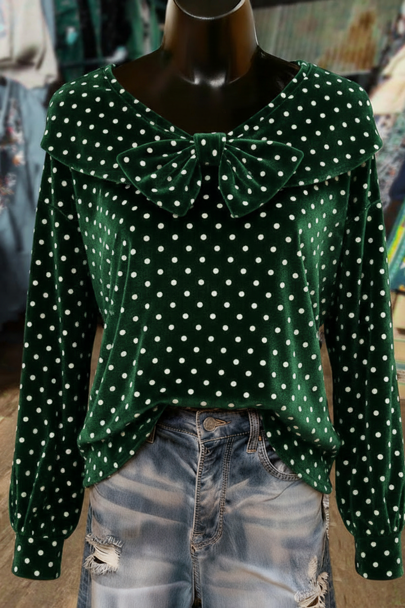 Forest Green Polka Dot Bow Detailed Long Sleeve Velvet Top