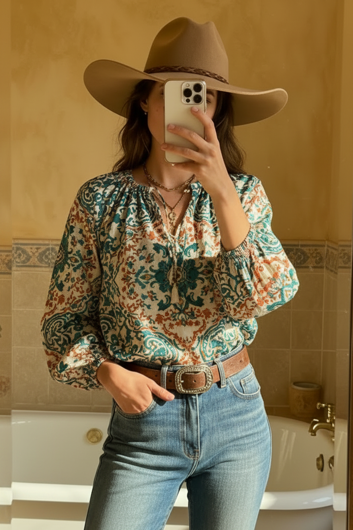 Western Paisley Print Lantern Sleeve Boho Blouse