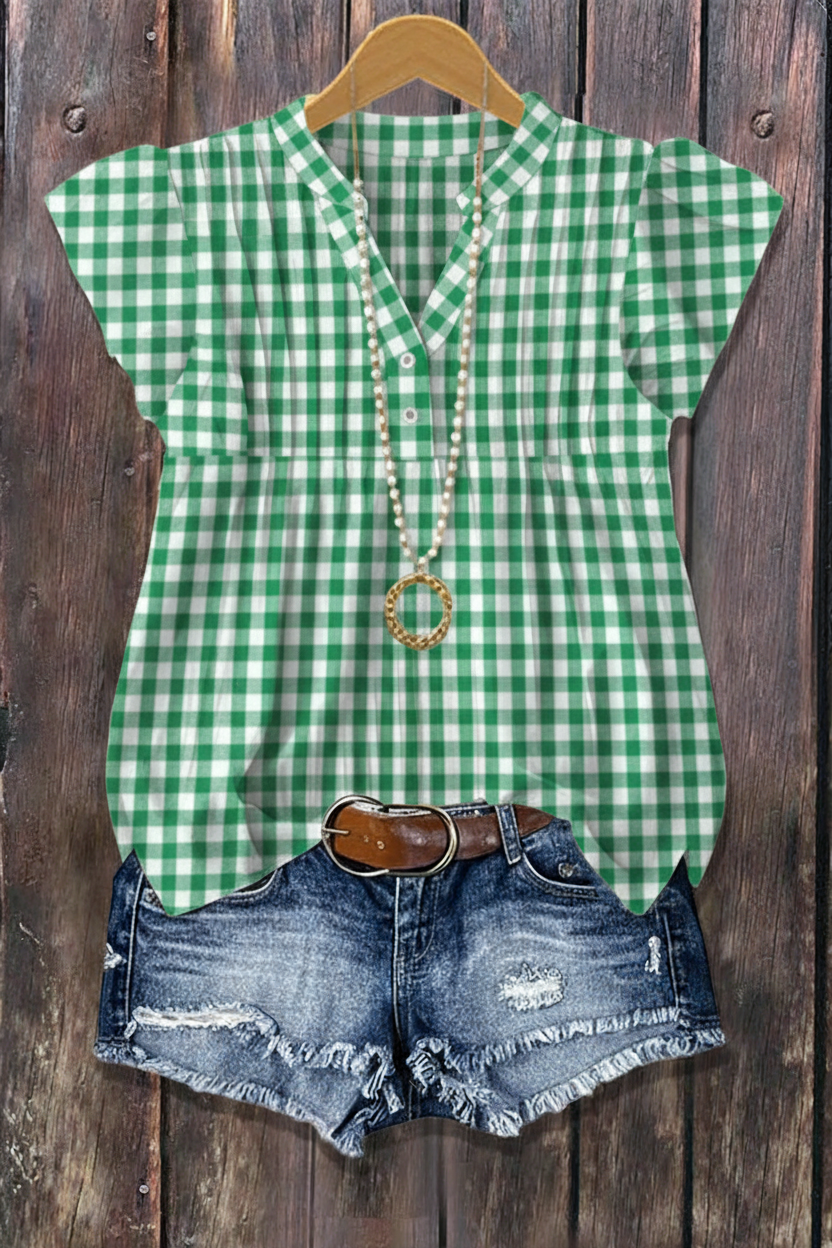 Green Gingham Check Flutter Sleeve Blouse