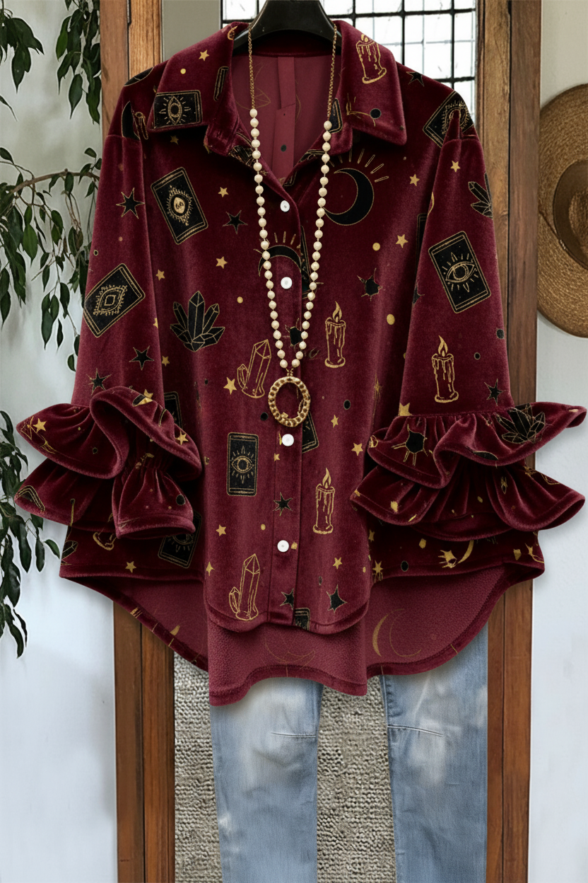 Tarot Celestial Print Double Ruffle Cuff Velvet Blouse in Burgundy