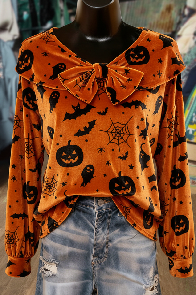 Orange Velvet Halloween Print Bow Detailed Long Sleeve Top