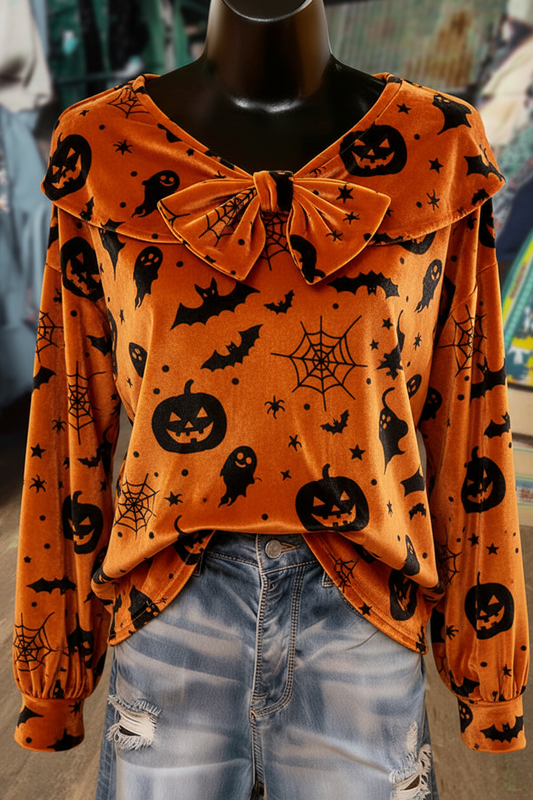 Orange Velvet Halloween Print Bow Detailed Long Sleeve Top