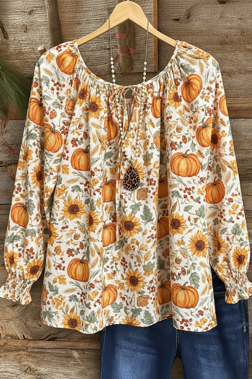 Fall Harvest Print Gathered Cuff Peasant Top