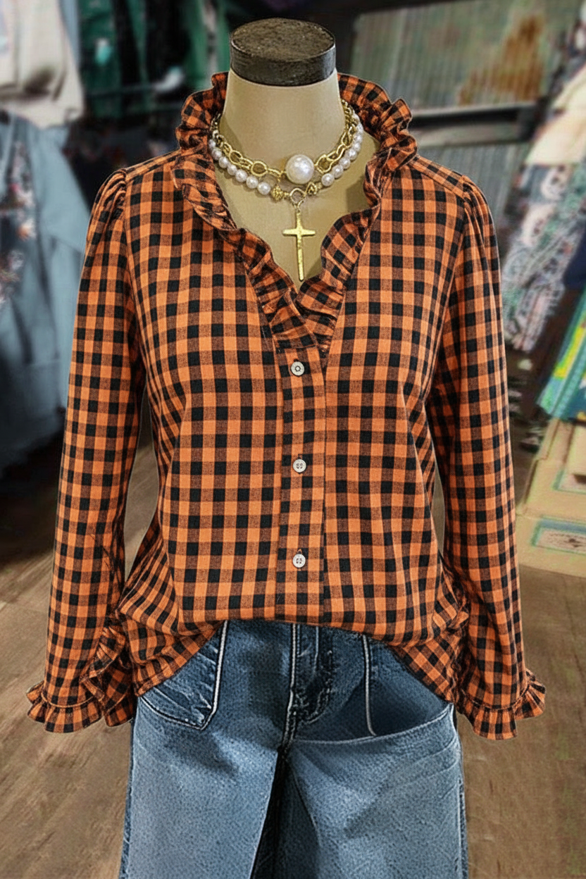 Halloween Black Orange Gingham Ruffle V-Neck Long Sleeve Blouse