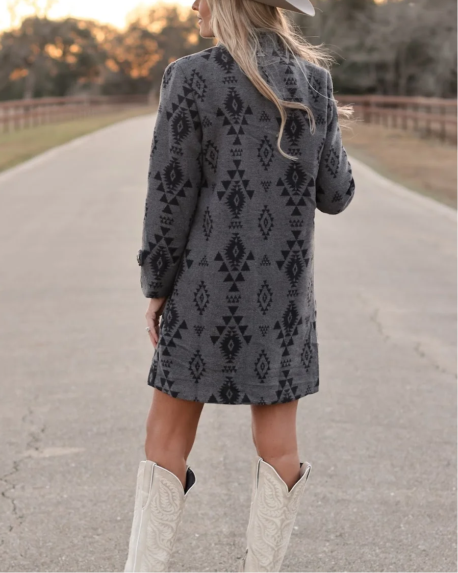 Charcoal Aztec Print Long Sleeve Button Front Mini Dress - Back View
