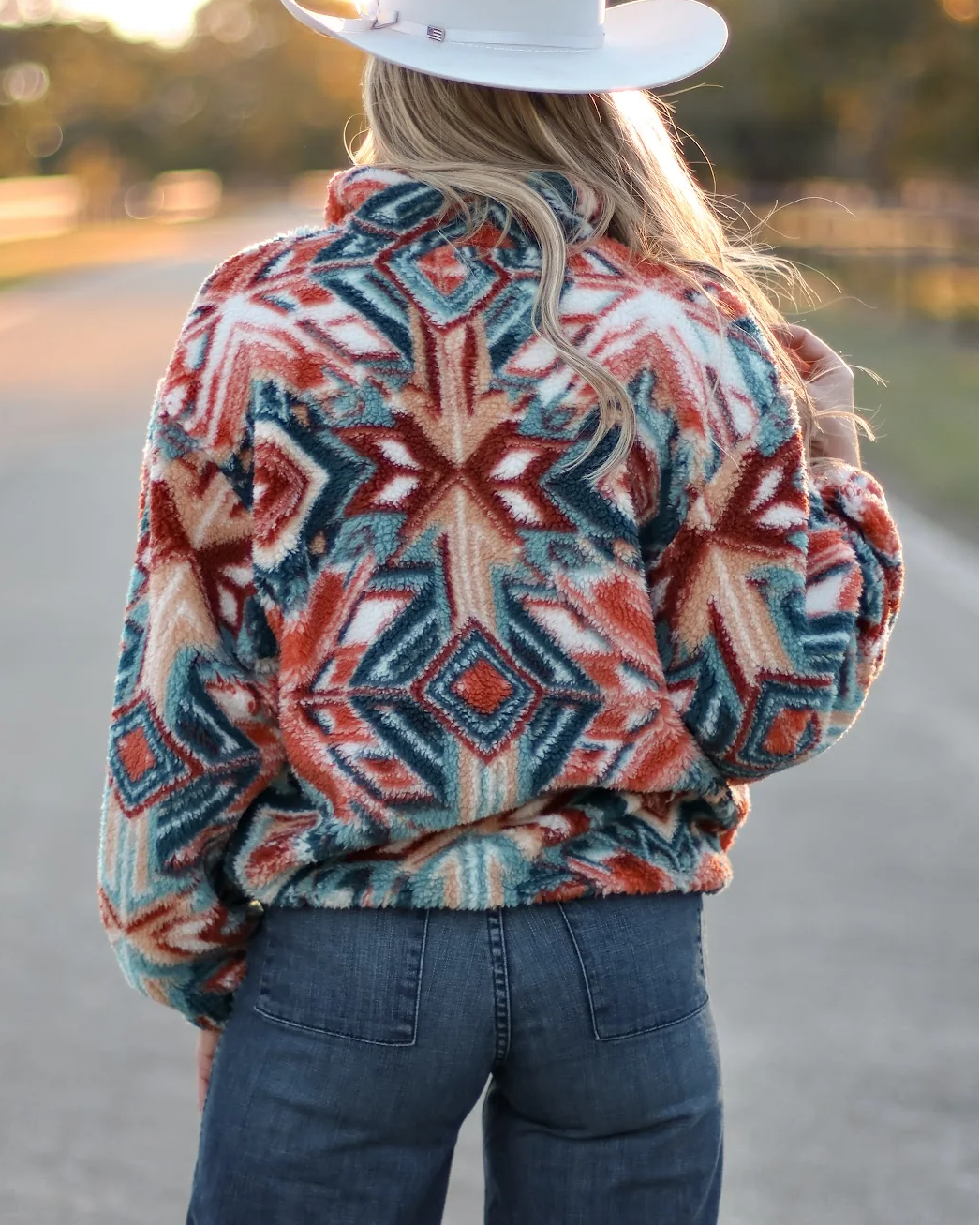 Multicolor Aztec Print Sherpa Half-Zip Pullover Sweatshirt - Back View