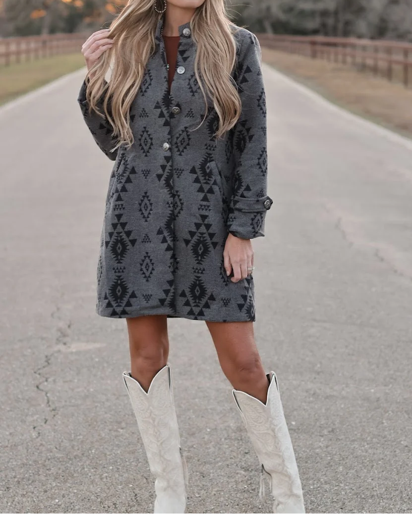 Charcoal Aztec Print Long Sleeve Button Front Mini Dress - Front View