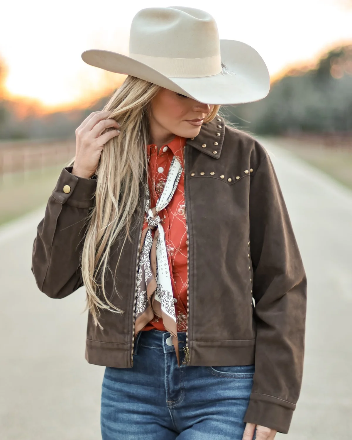 Dark Brown Suede Silver Stud Western Zip-Up Bomber Jacket - Three Quarter View