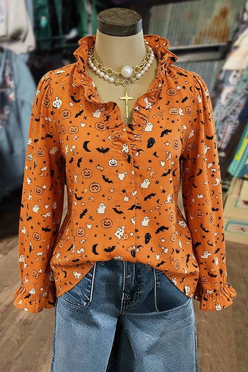 Halloween Novelty Print Ruffle V-Neck Long Sleeve Blouse