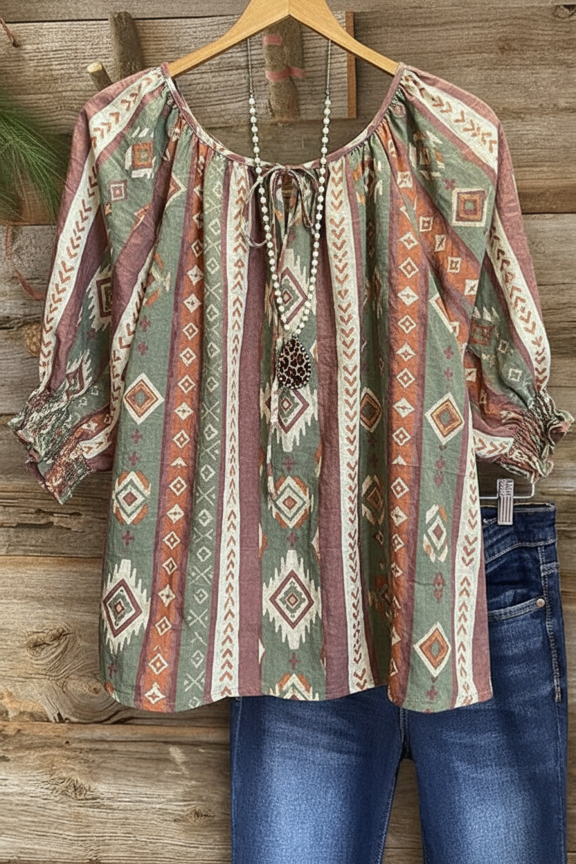 Stripe Geometric Folk Print Gathered Neckline Puff Sleeve Top