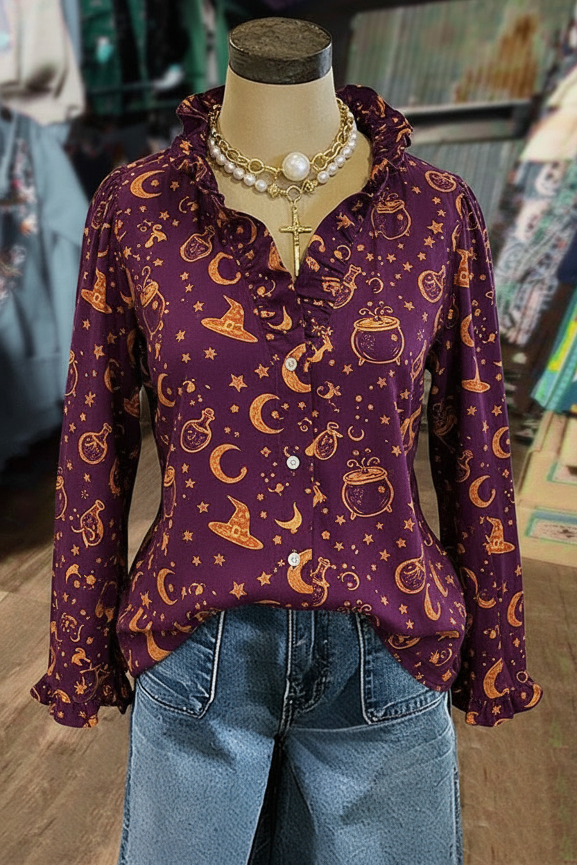 Witch Magic Potion Print Ruffle V-Neck Long Sleeve Blouse